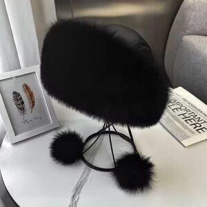 New Real Black Fox Fur Luxurious Russian Hat